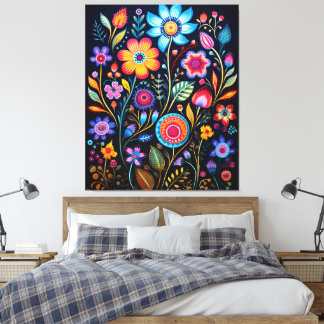 Toile Vibrant Neon Floral Black Background Wood Plaque