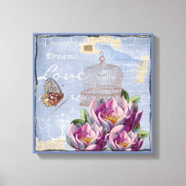 Toile Victorian Love Thoughts Dreams Butterfly Bird Cage (Recto)