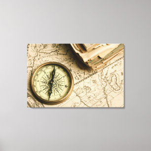 Toile Vieille boussole au-dessus de carte antique