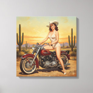 Toile Vielle école Retro Pin-up fille sur moto