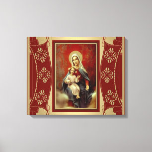 Toile Vierge Marie avec Jésus tenant l'or rosaire
