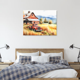 Toile Vieux camionnette et étable rouge à l'automne 32x2