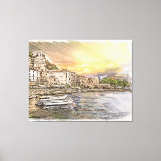 Toile Village de la côte d'Amalfi esquisse avec des bate