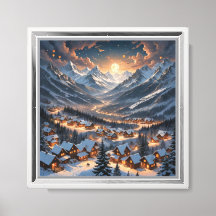"Village de montagne d'hiver sous le clair de lune