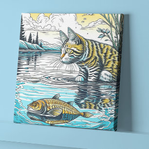 Toile Vintage bleu et jaune Chat et Jeux de poissons Ai 