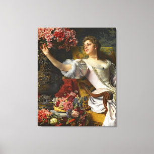 Toile Vintage Dame En Robe Rose Orange Roses