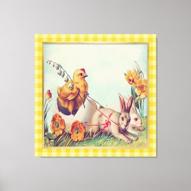Toile Vintage moutarde Jaune de Pâques Bunny & Chick Art (Recto)