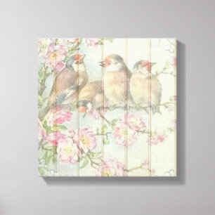 Toile Vintage Shabby Chic Faded Floral Birds Design