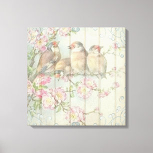 Toile Vintage Shabby Chic Floral Faded Birds Design