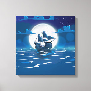 Toile Voilier en bois voyage au clair de lune