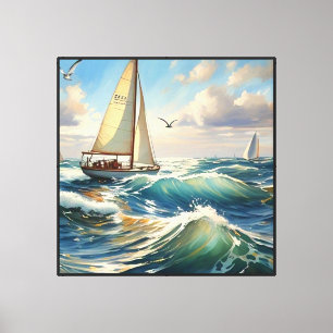 Toile Voilier sur les vagues de l'océan avec des mouette