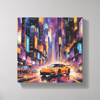 Toile Voiture de sport en Ville moderne paysage nocturne