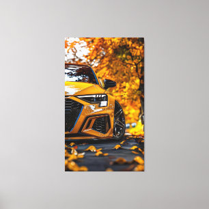 Toile Voiture jaune attractive dans un paysage automnal