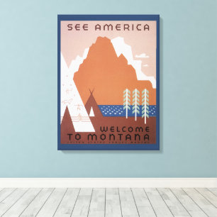 Toile Voyez l'Amérique Bienvenue au Montana, Voyage Vint