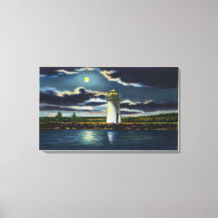 Toile Vue du phare du lac Cobbosseecontee à la nuit