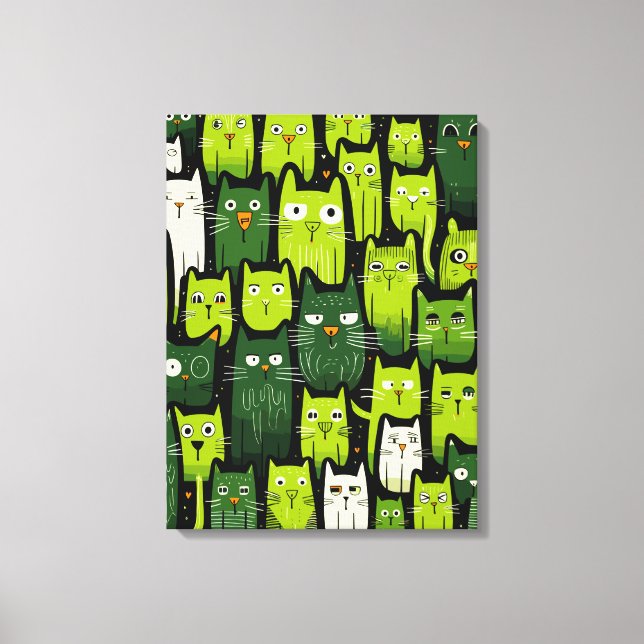 Toile Whimsical Feline Delight - Green Doodle Amoureux d (Recto)
