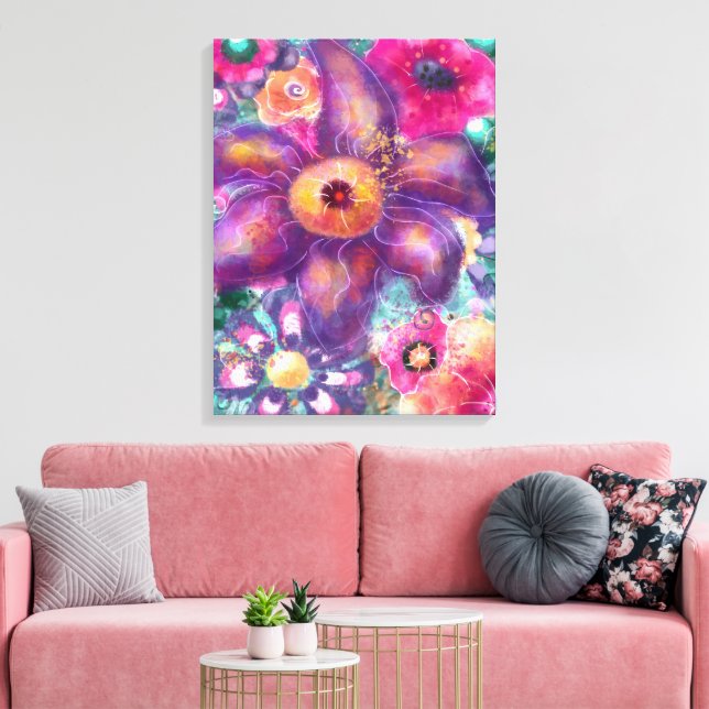 Toile Whimsical Floral Abstract Art Teal Purple Pink (Insitu(Salon))