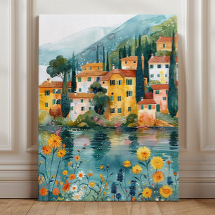Toile Whimsical Italian Lakeside Village Art