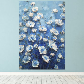 Toile White and Blue Blossoms on Rich Blue Abstract Wall
