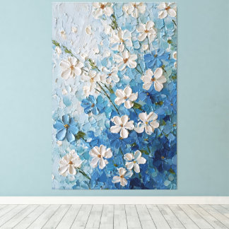 Toile White and Blue Blossoms on Turquoise Abstract Wall