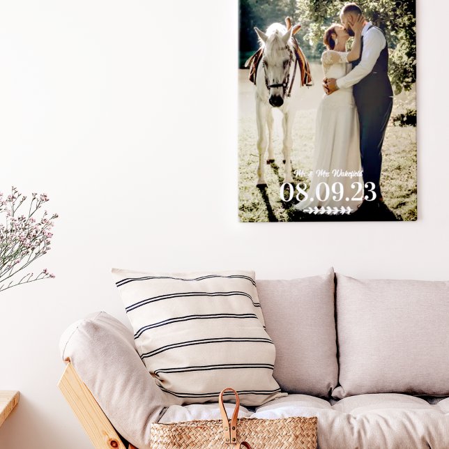 Toile White Twig Mr & Mrs Mariage Date Photo (Créateur téléchargé)