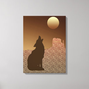 Toile Wolf Howling à la Lune en Brown et Tan