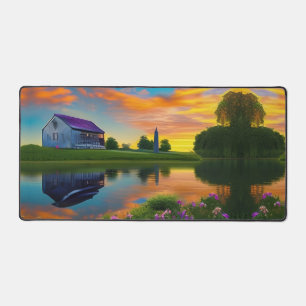 Toit violet de grande ferme au coucher du soleil