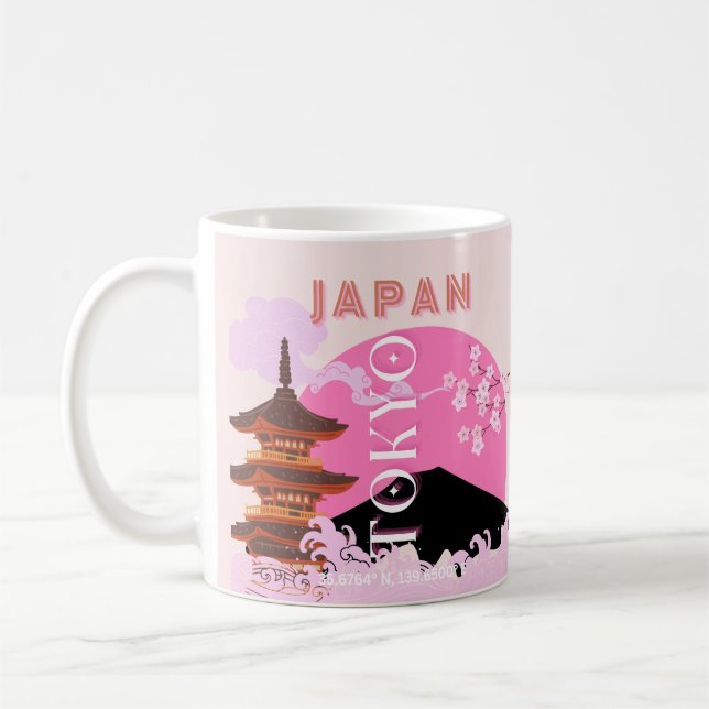 Tokio Japan Reisen Kunst, Retro Reisen Kunst, Rosa Kaffeetasse (Links)