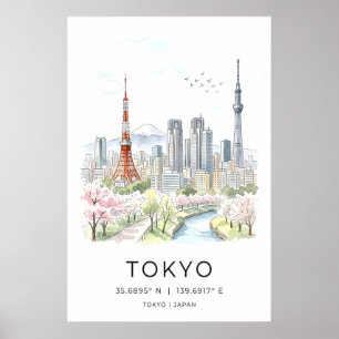 Tokio Skyline Kunst Druck, Aquarell Stadtlandschaf Poster