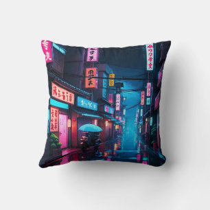 Tokio-Straße bei Nacht LoFi-Kunst Kissen