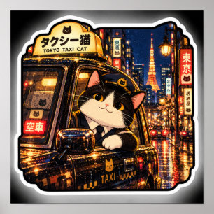 Tokio Taxi Katze Regen Japanische Neon-Straßenkuns Poster
