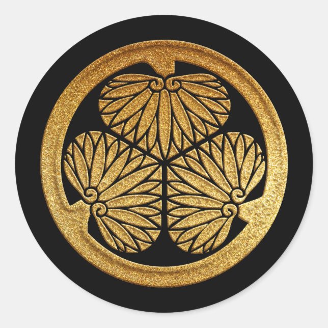 Tokugawa Kamon Mitsuba Aoi in Gold Runder Aufkleber (Vorderseite)