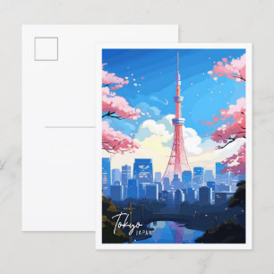 Tokyo Japan Art Vintage Reise Illustration Postkarte