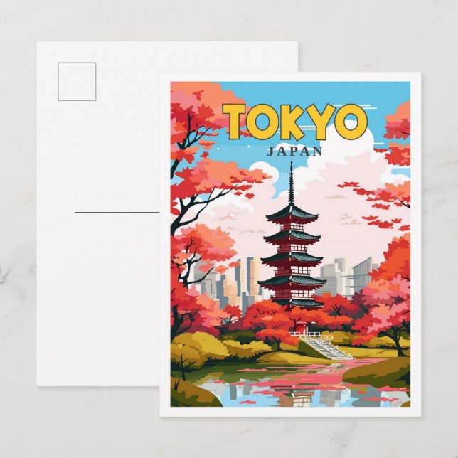 Tokyo Japan Vintage Illustration Postkarte (Vorne/Hinten)