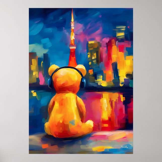Tokyo Teddy Neon Skyline Night Reflection Poster (Vorne)