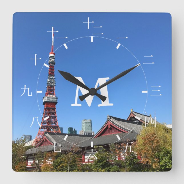 Tokyo Tower and Zojoji Temple Quadratische Wanduhr (Vorderseite)