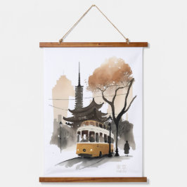 Tokyo Watercolor print Wandteppich Mit Holzrahmen