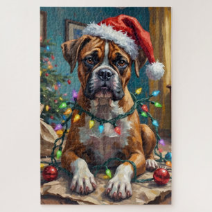 Toller Boxerhund, der sich in Weihnachtslichter ve