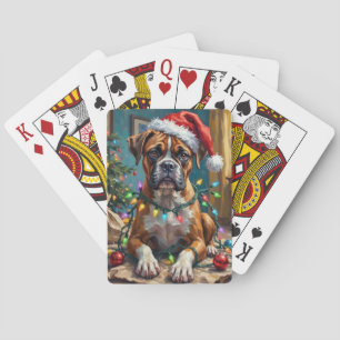 Toller Boxerhund, der sich in Weihnachtslichter ve Spielkarten