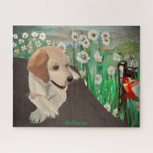 Toller Welpe, Gänseblümchen und Kolibri