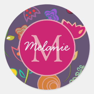 Tolles Tulpenmuster Lila Monogramm Personalisiert Runder Aufkleber