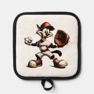 Tollpatschiger Katzen-Baseball-Pitcher holt aus Topflappen
