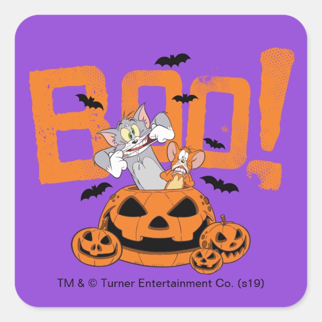 Tom & Jerry | Frohe Halloween Boo Quadratischer Aufkleber (Vorderseite)