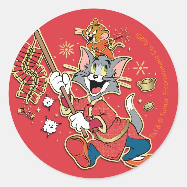 Tom & Jerry Lighting Firecrackers Runder Aufkleber (Vorderseite)