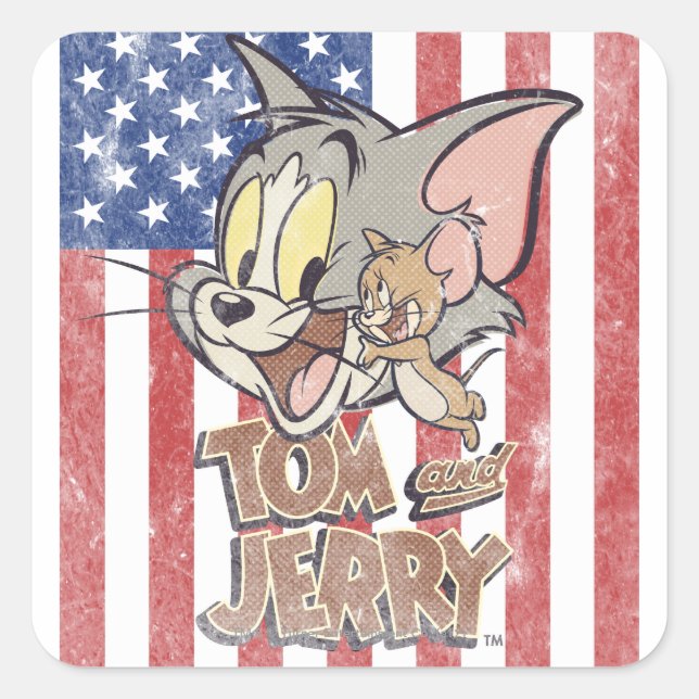 Tom & Jerry With US Flag Quadratischer Aufkleber (Vorderseite)
