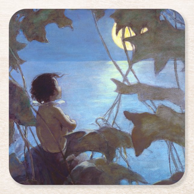 Tom sieht sich den Mond an, Jessie Willcox-Smith Rechteckiger Pappuntersetzer (Vorderseite)