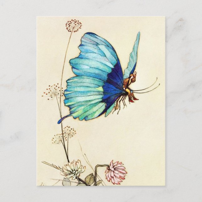 Tom Thumb trifft auf einem blauen Schmetterling ei Postkarte (Vorderseite)