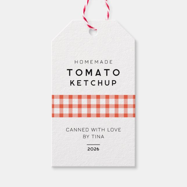 Tomate Ketchup, hausgemacht mit karierten Mustern Geschenkanhänger (Vorderseite)