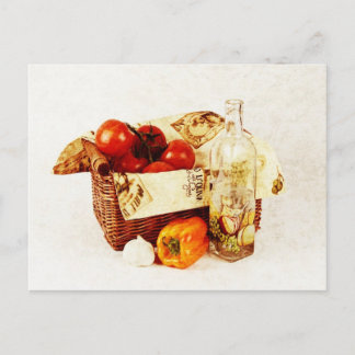 Tomaten in einem Korb und Olivenöl Postkarte