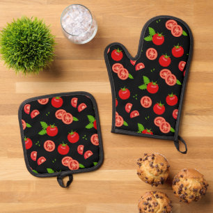Tomatenmuster Rot und Schwarze Reif Tomaten Ofenhandschuh & Topflappen-Set